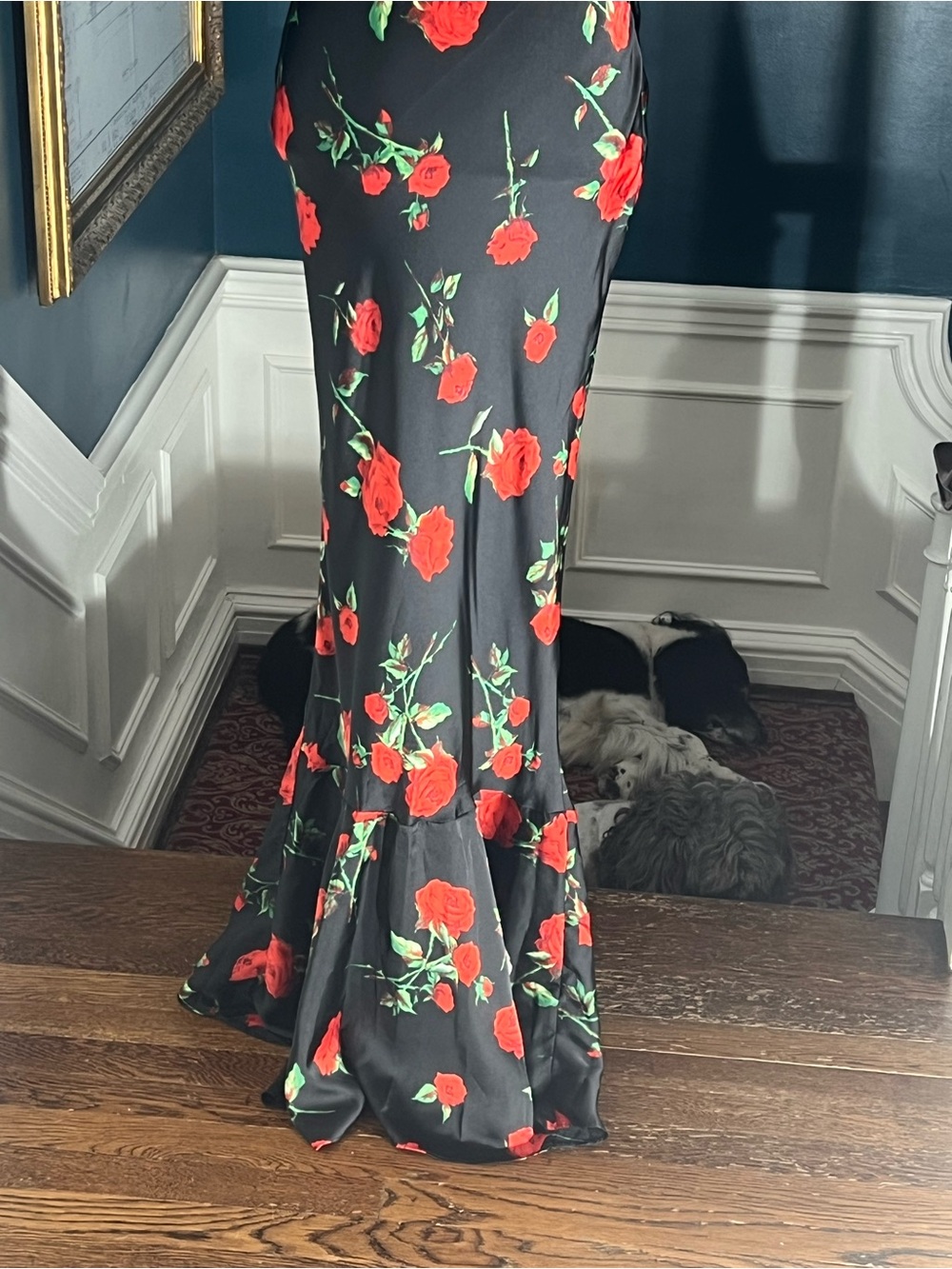 Black Floral V-Neck Mermaid Dress with Red Rose Print mermaid size 6 long D438 - Picture 5 of 14
